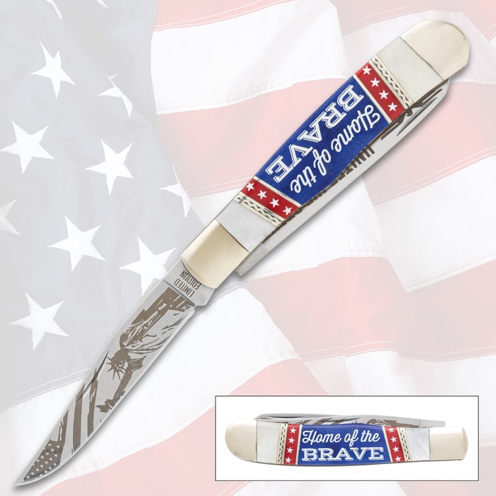 Patriotic knife with 'Home of the Brave' handle on flag background
