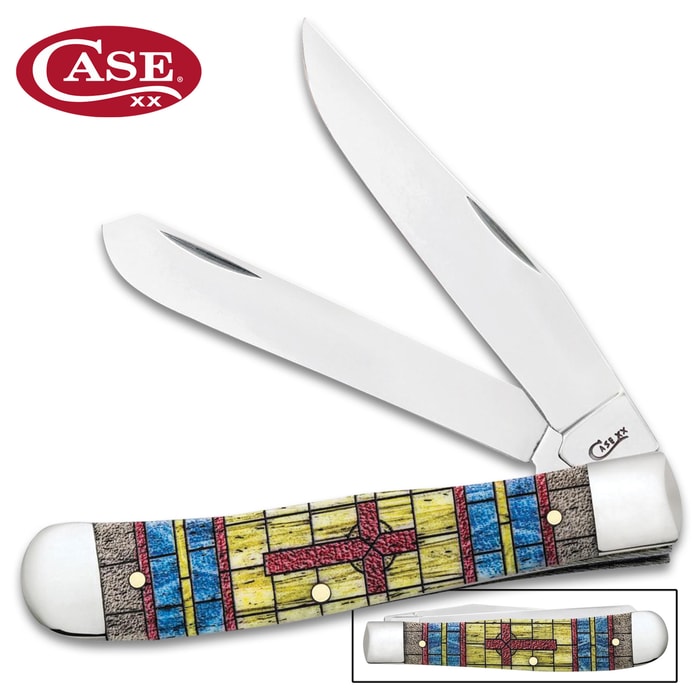 Case Stained Glass Cross Trapper Pocket Knife Gift Set - Surgical Stainless Steel Blades, Natural Bone Handle Scales