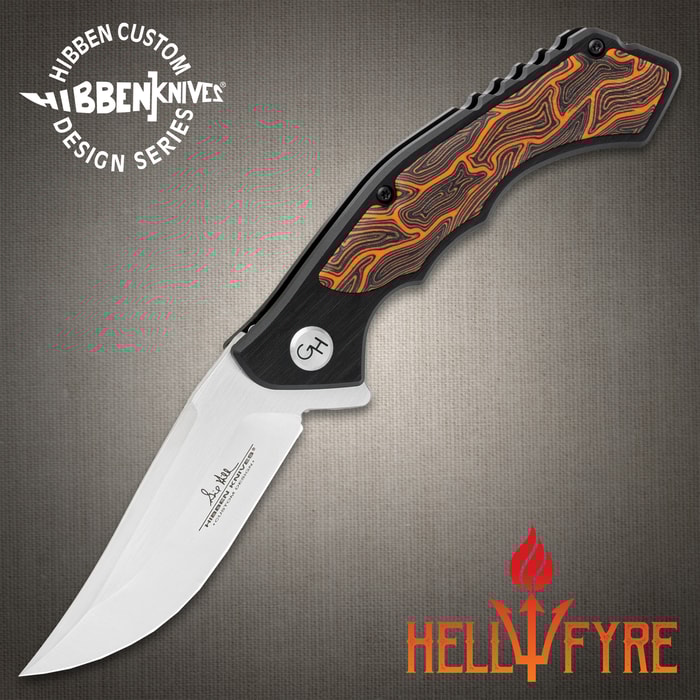 The Gil Hibben HellFyre Whirlwind Pocket Knife on display in its open position