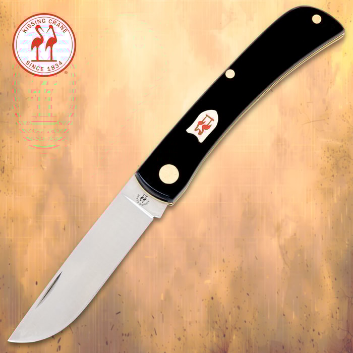 Kissing Crane Black Pocket Farmer Knife - Stainless Steel Blade, Synthetic Handle, Brass Liners 