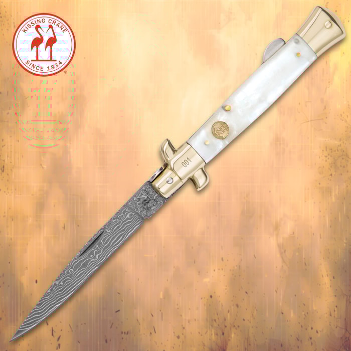 Kissing Crane Genuine Pearl Damascus Stiletto Knife