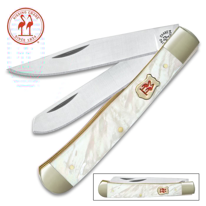 Kissing Crane Genuine Pearl Trapper Pocket Knife