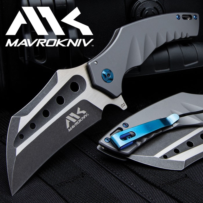 Hawk-bill style blade pocket knife with blue accents and "Mavrokniv" etching.