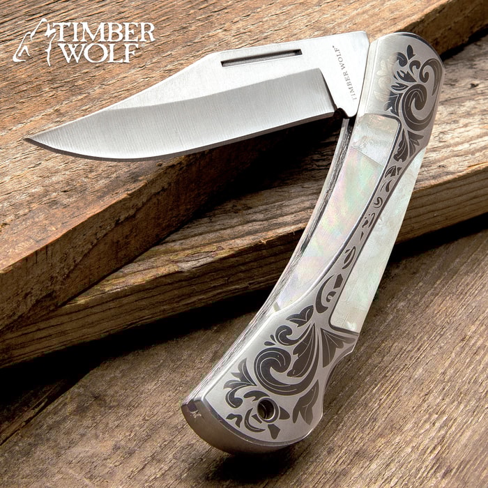 Timber Wolf Gentleman’s Pearl Pocket Knife - Lock Back, Stainless Steel Blade, Genuine Pearl Inlays, Nickel Silver Bolsters