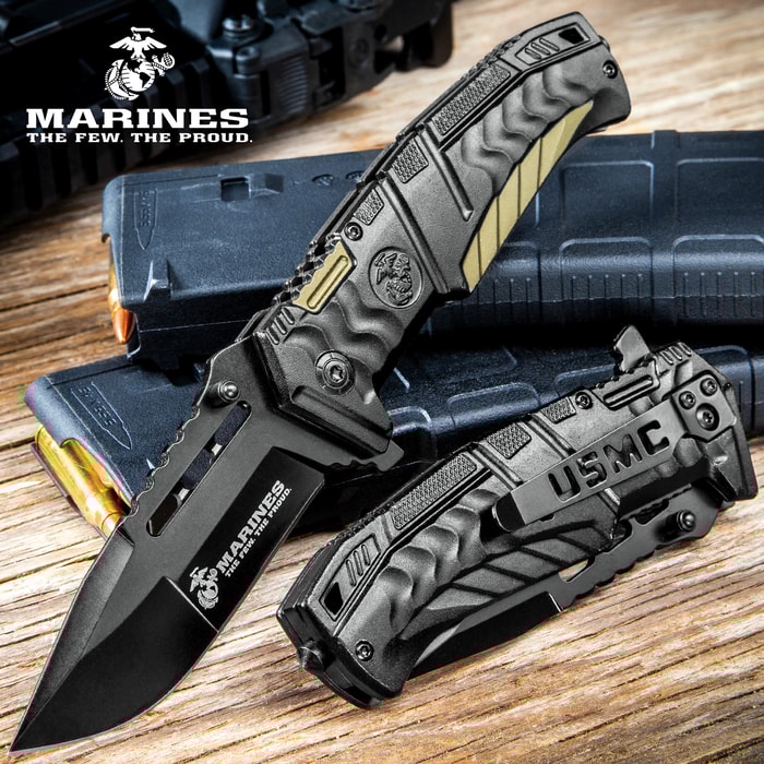 USMC Battlehard Tactical Folder / Assisted Opening Pocket Knife - 420 Stainless Steel, Anodized Aluminum, Black/Green - Officially Licensed US Marines - Pocket Clip, Skull Crusher, One Handed Open
