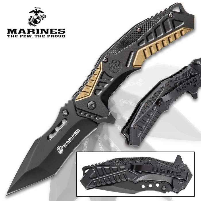 USMC Amphibious Assault Assisted Opening Knife - Officially Licensed, Stainless Steel Blade, Non-Reflective Finish, Lanyard Hole