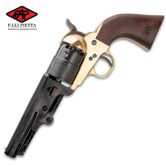 1851 Navy Sheriff Black Powder Pistol - .44 Caliber, Single Shot, Brass Frame, 5 1/2” Blued Barrel, Wooden Grip
