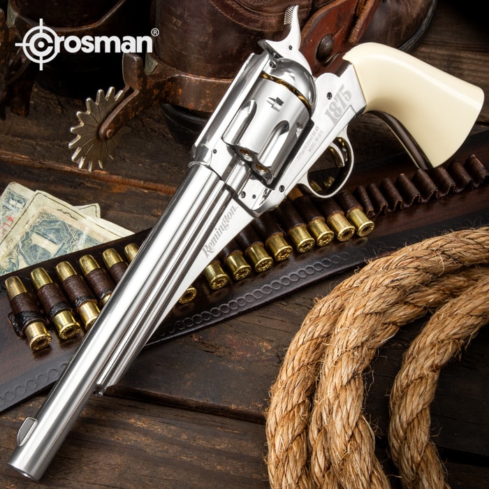 Remington 1875 CO2 Powered Replica Air Revolver - All-Metal, Nickel-Plated, Dual Ammo, Faux Ivory Grips, Single-Action
