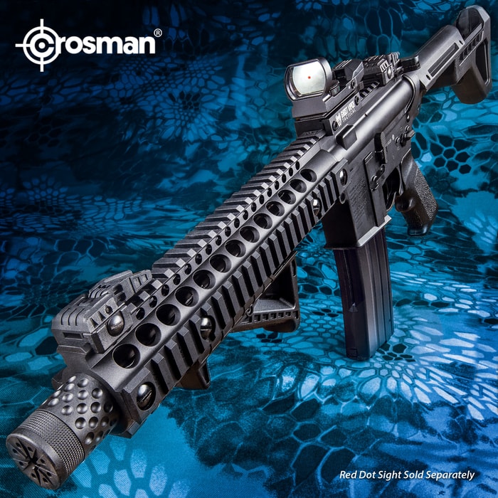Crosman DPMS SBR Full Automatic Air Rifle - Nylon Fiber Stock, Steel Barrel, Quad Rail, Blowback, Folding BUIS Sights, 430 FPS