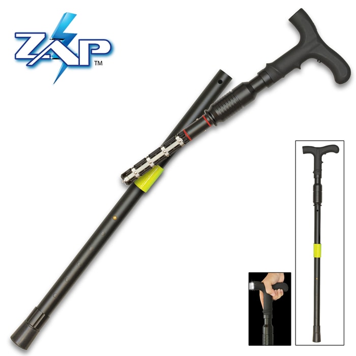 Zap Covert Cane With Flashlight And Stun Gun - LED Light, One Million Volts, Adjustable Height, Supports Up To 400 lbs