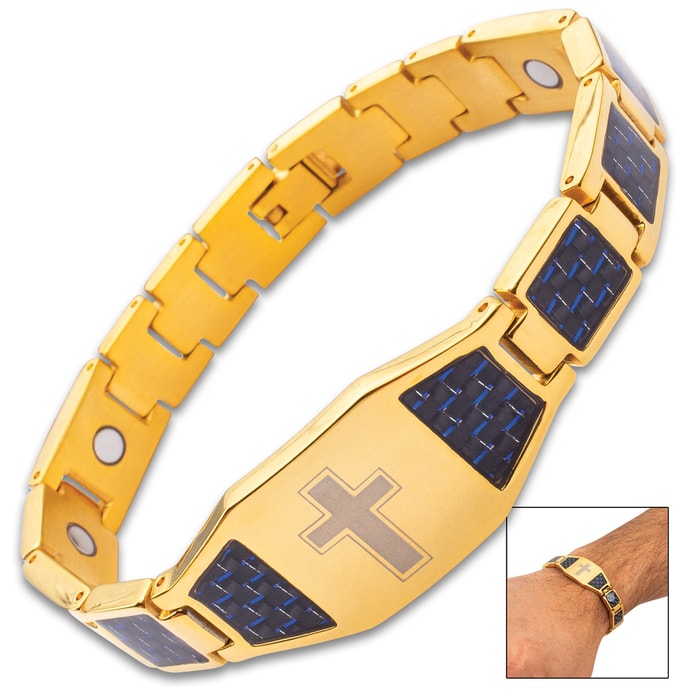 Gold And Blue Carbon Fiber Cross Bracelet - 3Cr13 Stainless Steel, Health Element Magnets Inside - Length 8 1/2”