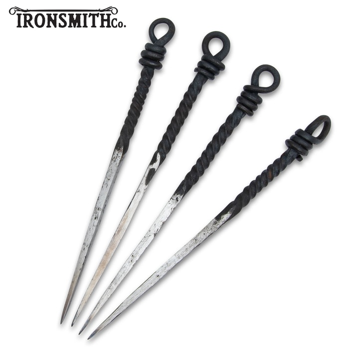 A view of the entire set of the Ironsmith Co. Set of Four Medieval Eating Skewers