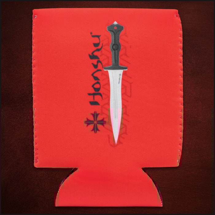 A red koozie is shown printed with black “HONSHU” logo and image of a dagger with black handle.