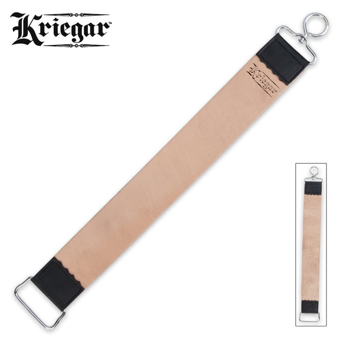 Kriegar Double Sided Hanging Strop - Smooth Buffalo Leather, Coarse Suede - Swivel Hook - Yields Sharpest Blade Edges Possible - Great for Pocket Knives, Straight Razors & More - 2" x 18"