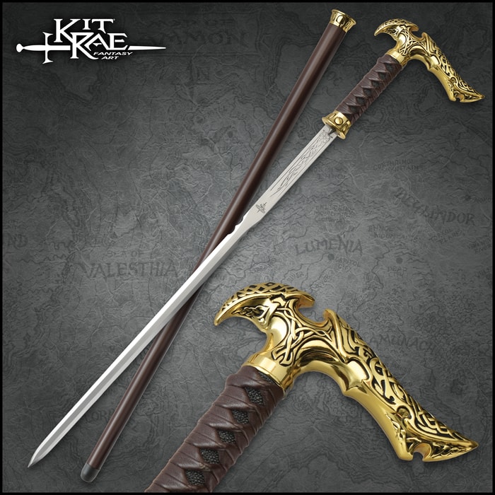 Full image of the Kit Rae Axios Gold Forged Sword Cane and scabbard.