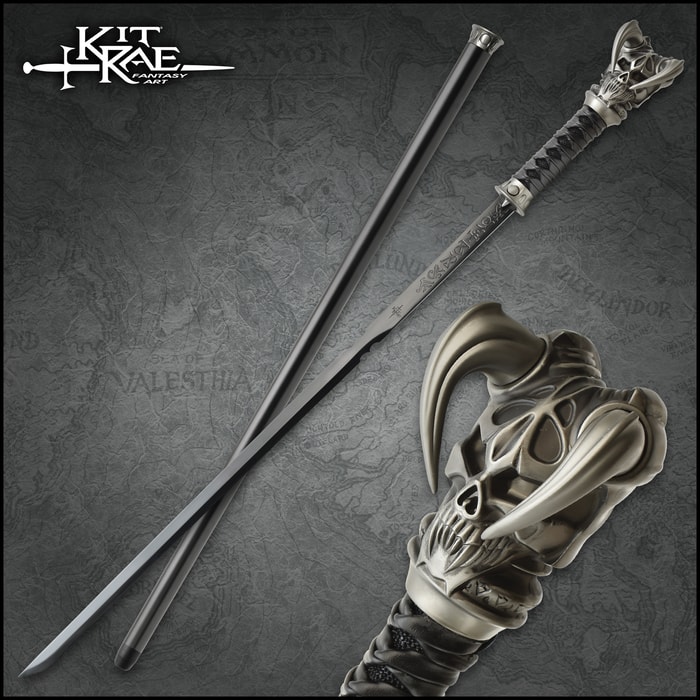 Full image of the Kit Rae® Black Vorthelok Forged Sword Cane and wooden shaft.