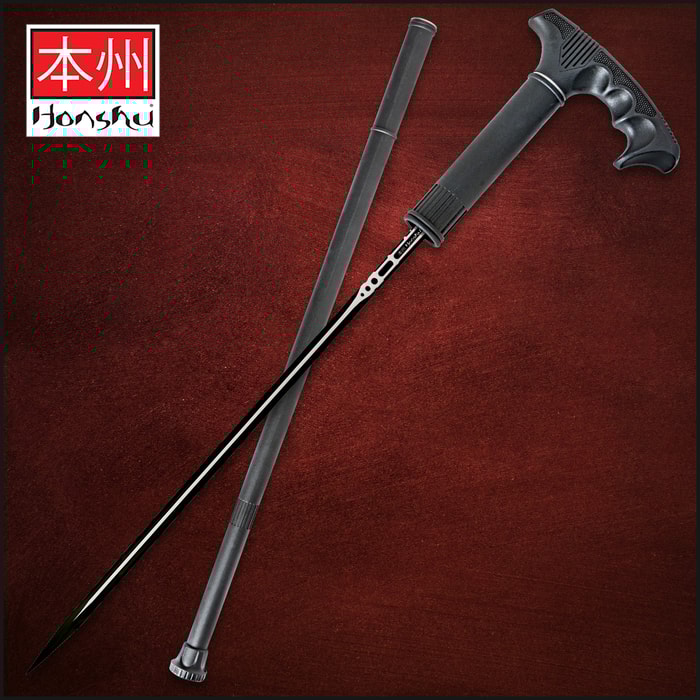 Honshu sword cane with 16 inch 2Cr13 stainless steel blade in a black satin finish laying adjacent to tough composite casing