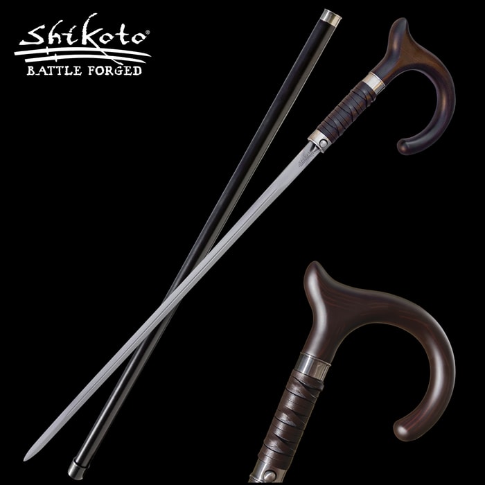 Full image of the Shikoto Gentleman's Hook Sword Cane and wooden shaft.