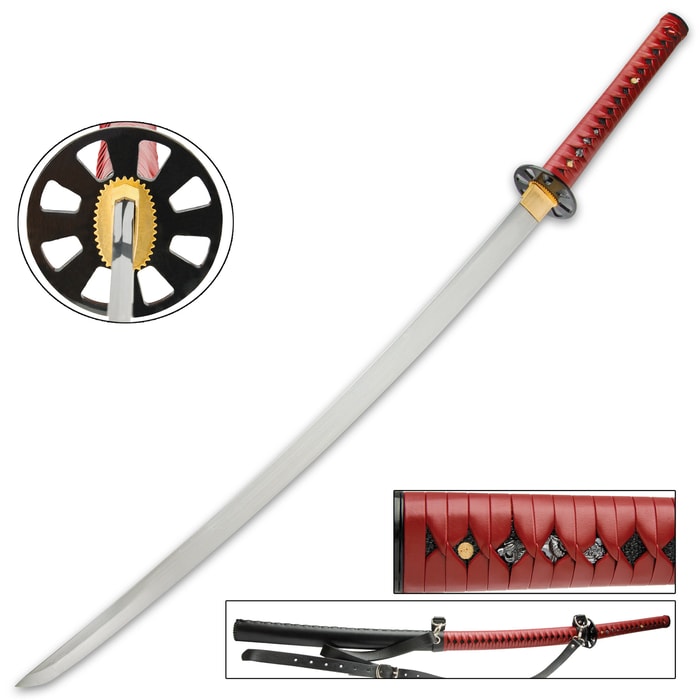 It has a 28 3/4” high carbon steel blade, which extends from a dark, black metal alloy tsuba and a brass habaki