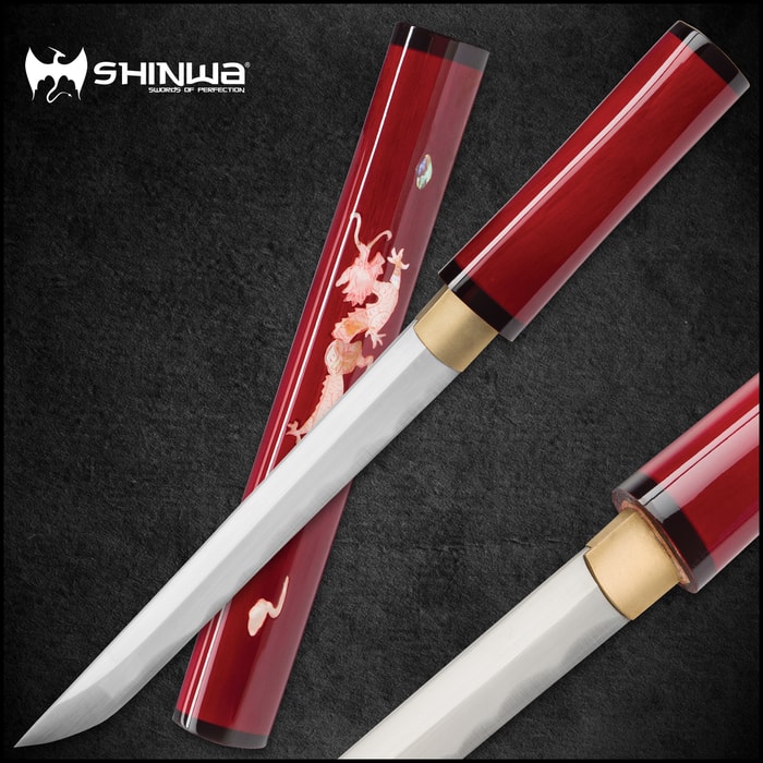 Shinwa Scarlet Komodo Handmade Tanto / Samurai Short Sword - Hand Forged 1045 Carbon Steel - Mother of Pearl Dragon Inlay; Red Hand Lacquered Hardwood; Shirasaya Mounting - Ninja Stealth - Full Tang