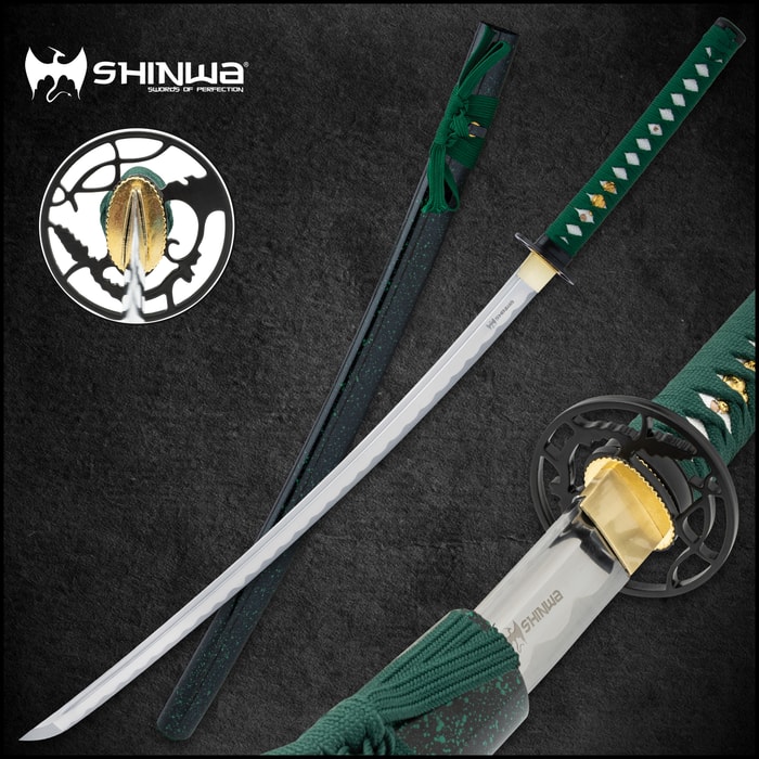 A view of the Shinwa Jade Defender Katana in and out of scabbard