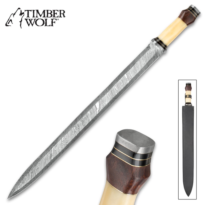Timber Wolf Saga Handmade Double Edged Sword - Hand Forged Damascus Steel - Walnut, Camel Bone - Gladius Style Profile - Genuine Leather Belt Scabbard - 30"