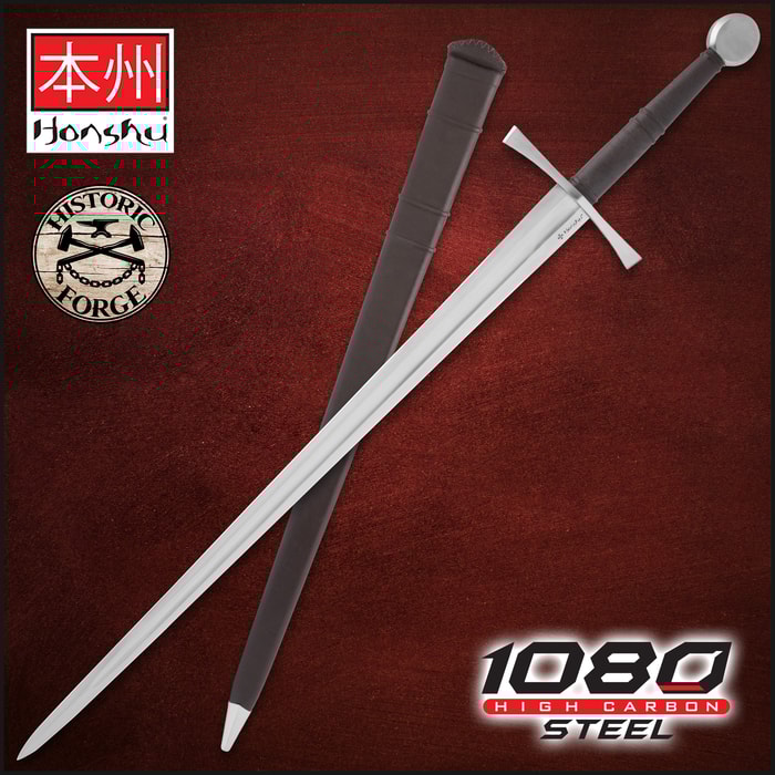 The Honshu Historic Forge 15th Century Bastard Sword shown both in and out of its sheath, with the Honshu and Historic Forge logos along with the '1065 steel' text.