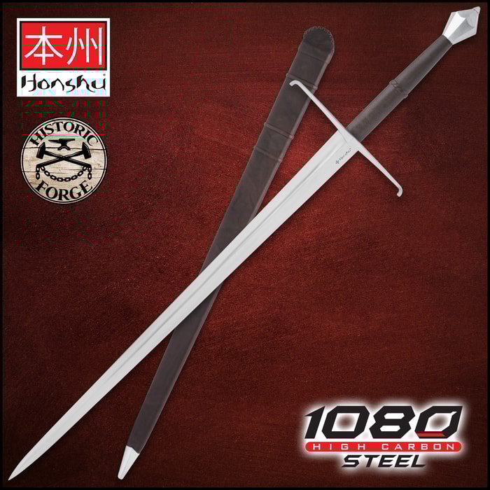 The Honshu Historic Forge 15th Century Italian Long Sword is shown in full next to the Honshu and Historic Forge logos and 1065 Carbon Steel text.