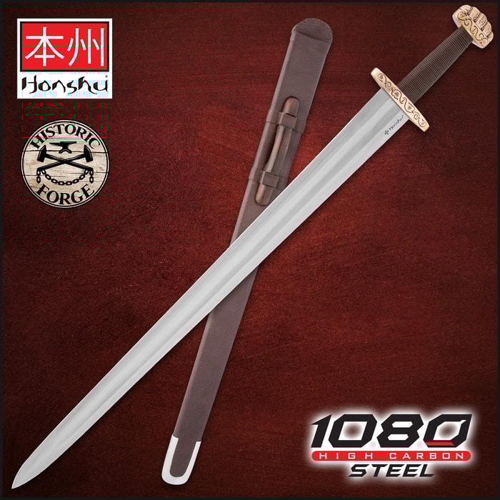 Full view of the Honshu Historic Forge Ballinderry Viking Sword, shown both in and out of its sheath, with the Honshu and Historic Forge logos.