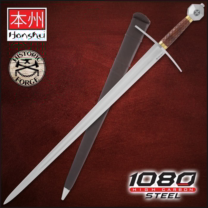 Full view of the Honshu Historic Forge Templar Sword, both in and out of sheath, next to the “Honshu” and “Historic Forge” logos with “1065 Carbon Steel” text.