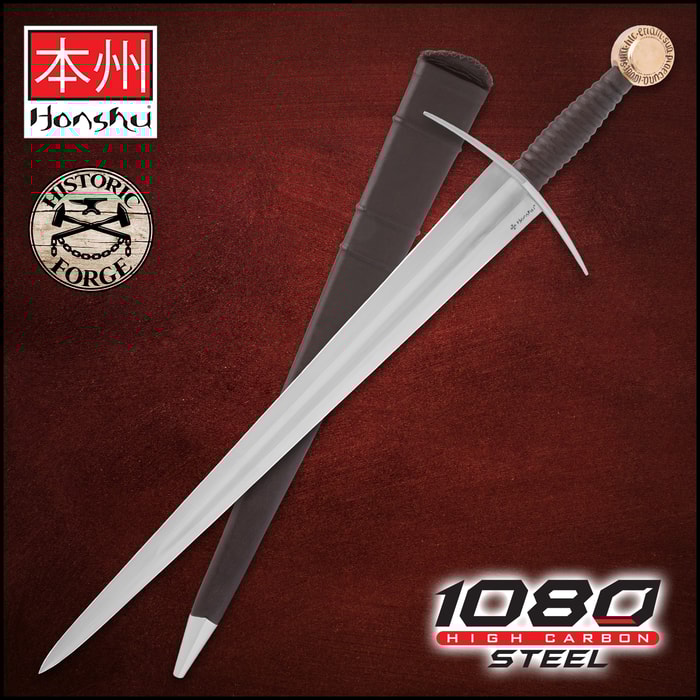 Full view of the Honshu Historic Forget Oakeshott 14th Century Sword, both in and out of its scabbard, with the “Honshu” and “Historic Forge” logos.