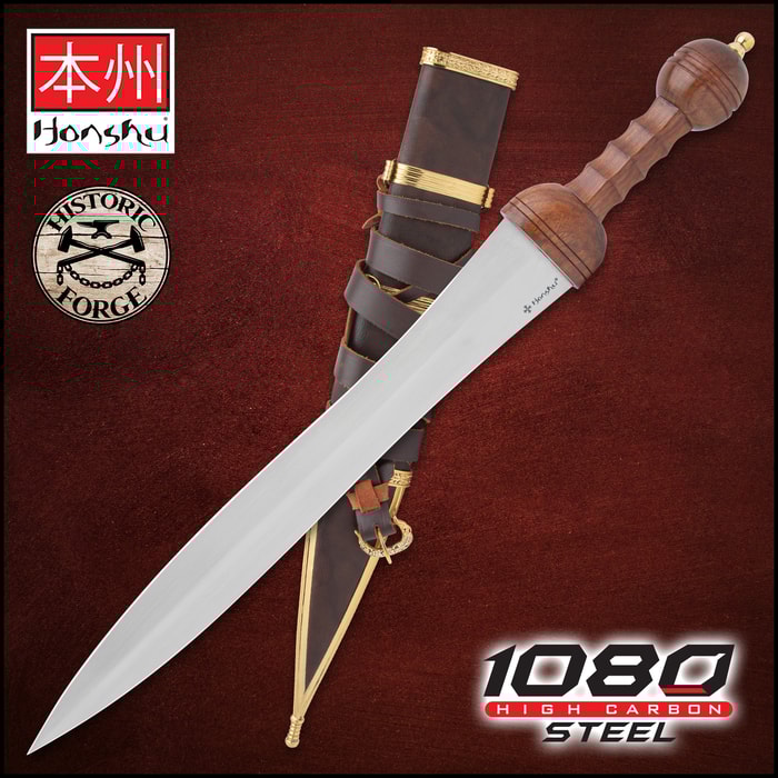 The Honshu Historic Forge Roman Mainz Pattern Gladius is shown both in and out of its scabbard next to the “Honshu” and “Historic Forge” logos.