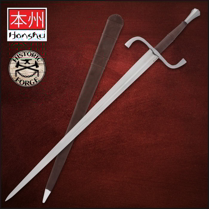 The Honshu Historic Forge German Long Sword is shown both in and out of its black leather sheath, next to images of the “Honshu,” “Historic Forge,” and “1065 Carbon Steel” logos.