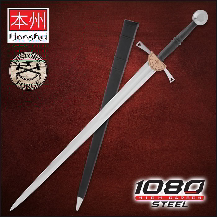 The Honshu Historic Forge German Long Sword is shown both in and out of its black leather sheath, next to images of the “Honshu,” “Historic Forge,” and “1065 Carbon Steel” logos.