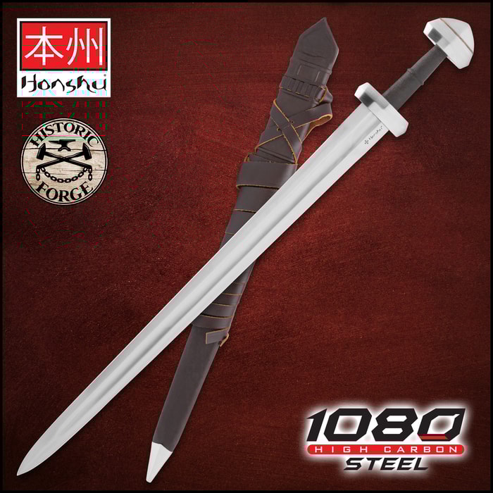 Full view of the Honshu Historic Forge Viking Sword, shown both in and out of its sheath, next to the “Honshu,” “Historic Forge”, and “1065 Carbon Steel” logos.