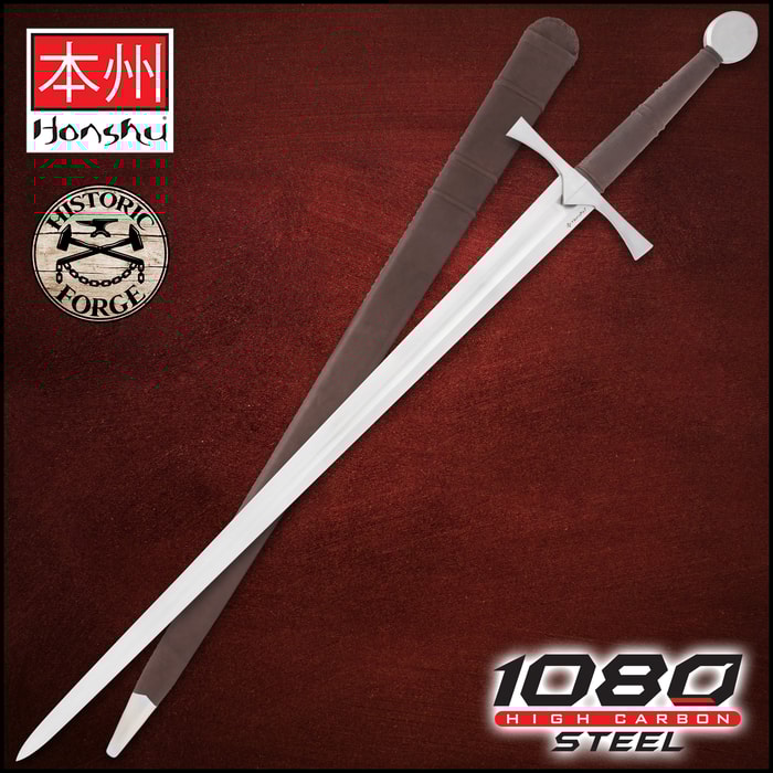 Medieval sword with brown scabbard on red background