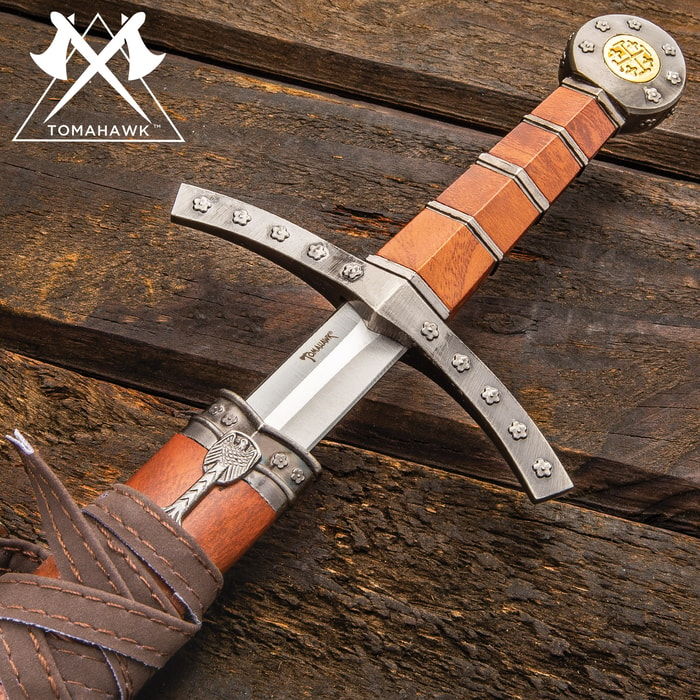 Middle Ages Medieval Broad Sword And Matching Faux Brown Wood Scabbard With Faux Leather Wrapping - 17" stainless steel blade