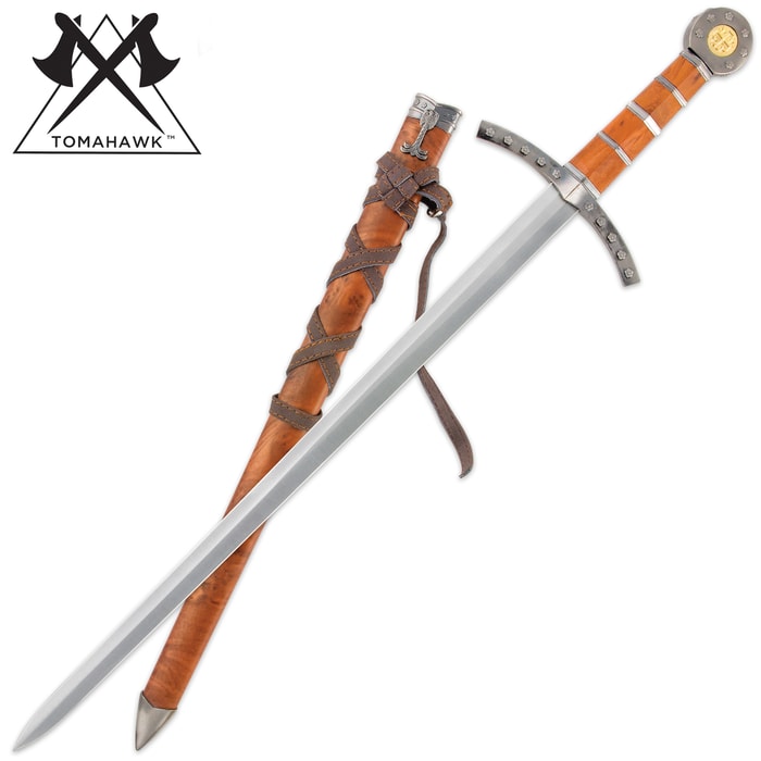 Middle Ages Medieval Broad Sword And Matching Faux Brown Wood Scabbard With Faux Leather Wrapping - 17" stainless steel blade