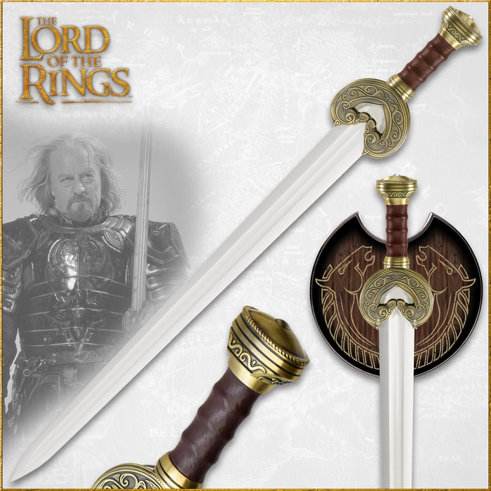 Lord of the rings sword with brass plated metal guard, genuine leather handle and pommel adjacent to wooden display plaque