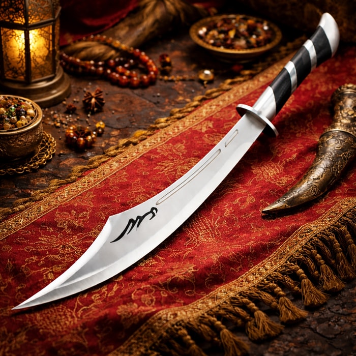 Decorative scimitar on ornate red cloth with lantern