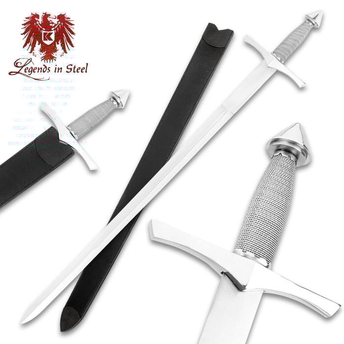 Silver Middle ages Legends in Steel sword with wire wrapped handle extended from oversized guard on top of leather sheath
