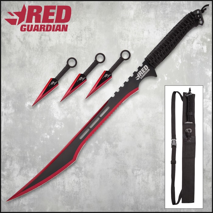 Red Guardian Ninja Sword and Kunai / Throwing Knife Set with Sheath