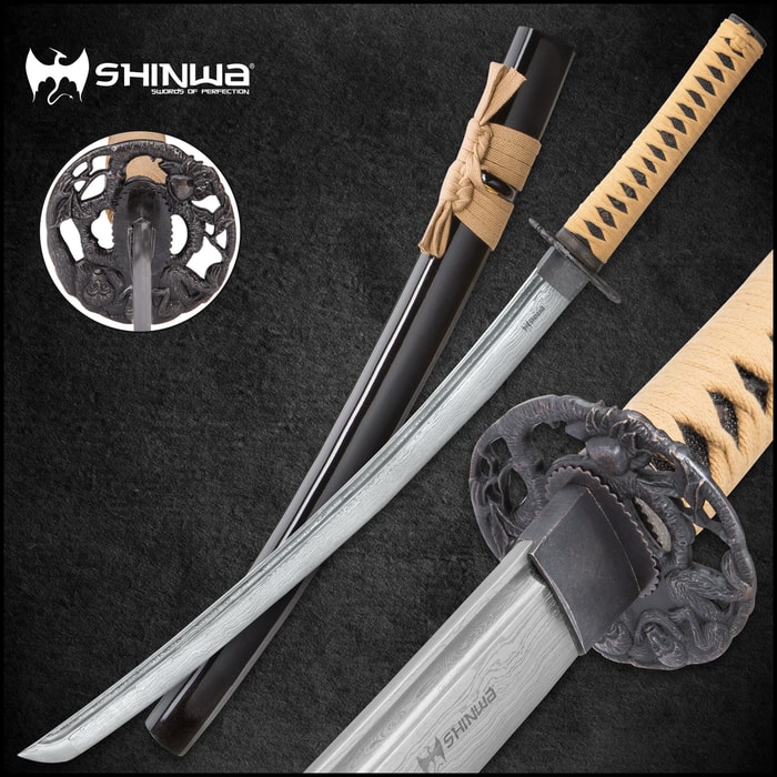 Shinwa Regal Makaku Wakizashi / Samurai Sword - Hand Forged Damascus Steel - Custom Cast Macaque Monkey Tree Tsuba - Genuine Ray Skin; Hand Lacquered Saya - Fully Functional, Battle Ready, Full Tang