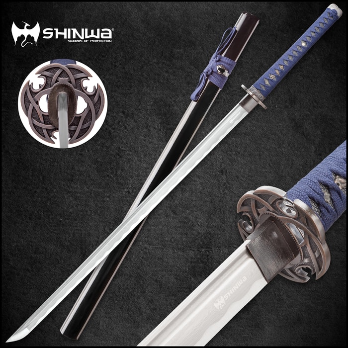 Shinwa Blue Knight Handmade Katana / Samurai Sword - Hand Forged Damascus Steel, More Than 1,000 Layers - Distinctive Custom Cast Tsuba - Faux Ray Skin - Functional, Battle Ready, Full Tang