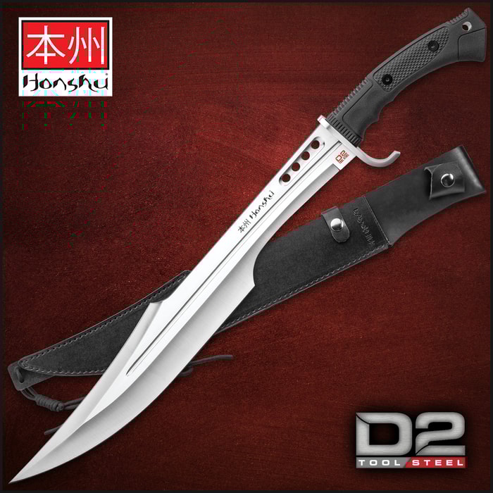 Honshu Spartan Sword And Sheath - D2 Tool Steel Blade, Grippy TPR Handle, Stainless Steel Guard - Length 23”