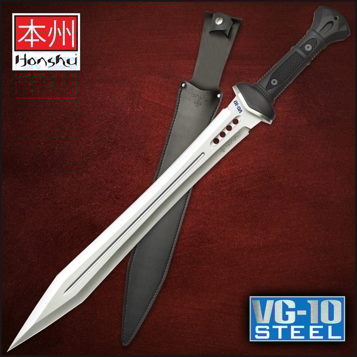 Honshu gladiator sword with VG-10 steel blade with black tpr handle near zoomed view of sword in a genuine leather belt sheath