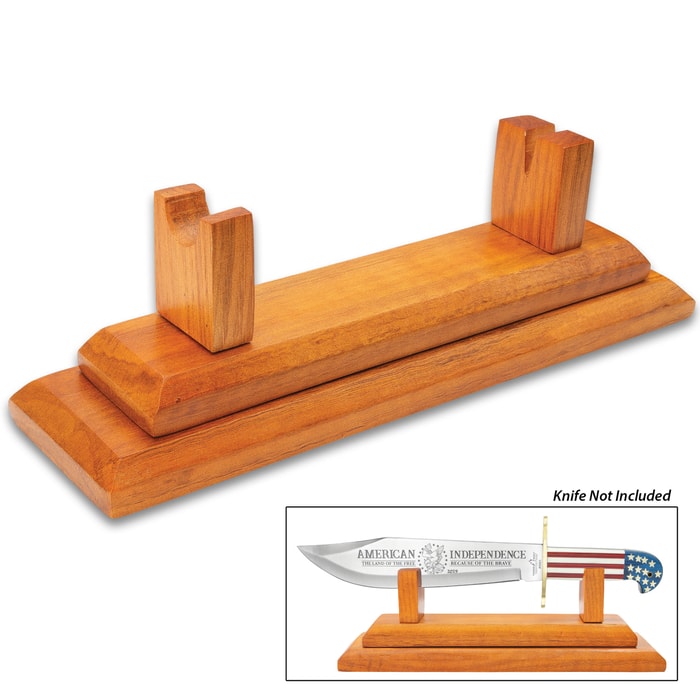 Premium Wooden Knife Display Stand - Glossy Natural Finish, Special Rests For Blade Tip And Handle - Dimensions 13 3/4”x 4”x 5”