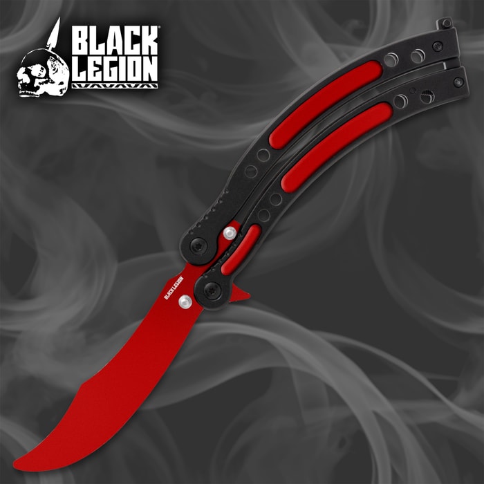 Red and black butterfly knife with smoke background