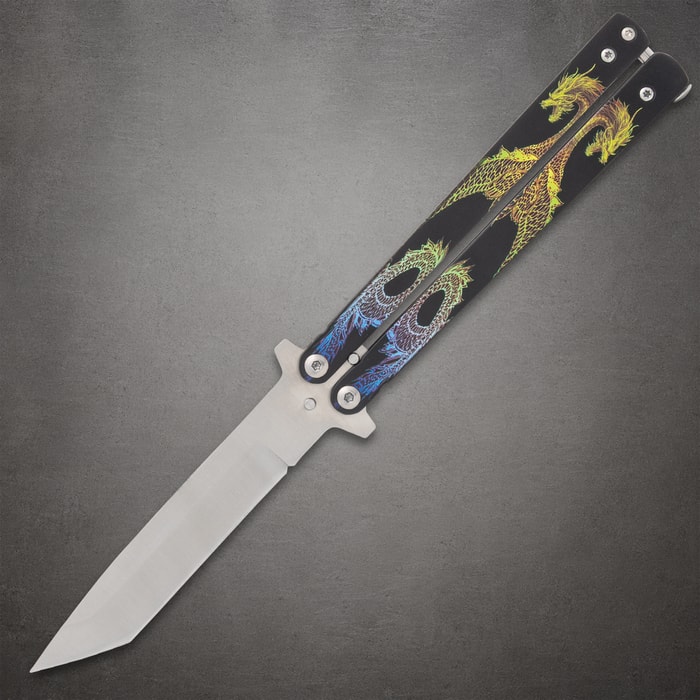 Butterfly knife with colorful dragon design on handle
