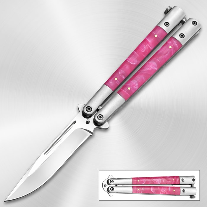 Butterfly knife with pink marble handles on a metallic background